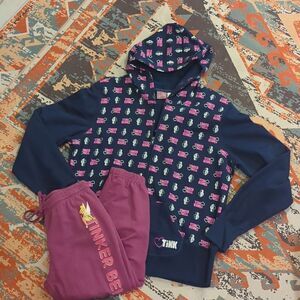 Disney Tinker Bell Jacket Juniors XXL Full Zip Hooded Navy, with S Capri joggers